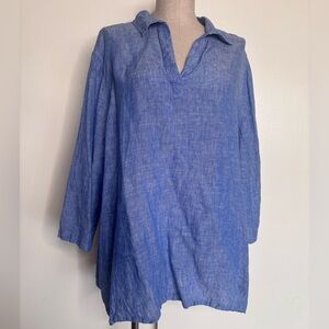 Tahari 100% Linen Blue V-Neck Tunic Blouse Plus Size 3X
